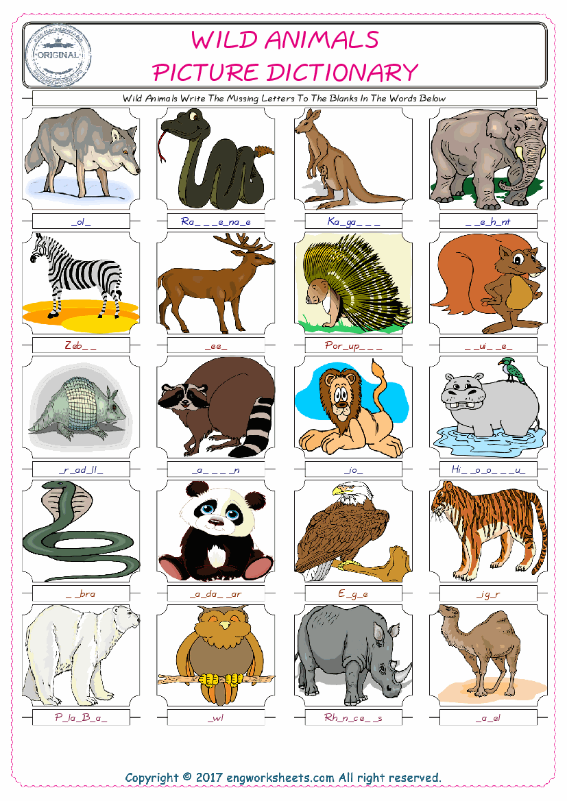  Wild Animals Words English worksheets For kids, the ESL Worksheet for finding and typing the missing letters of Wild Animals Words 